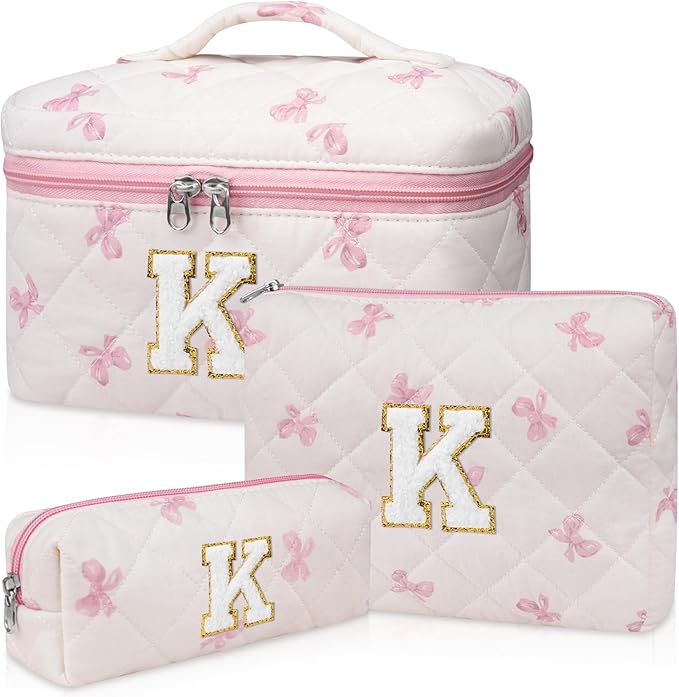 Initial Makeup Bag Set, Personalized Quilted Makeup Bag, Large Floral Cosmetic Bag for Women, Cute Cotton Custom Make up Bags, Flower Travel Toiletry Bag Teen Girl Gift Pink Butterfly K