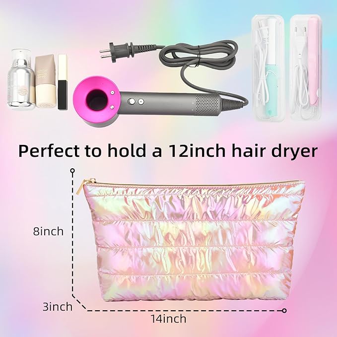 Hiroyuki Iridescent Quilted Makeup Bag, 3pcs Cute Makeup Bag Set, Large Capacity Cosmetic Organizer Travel Toiletry Pouch (plain, pink)