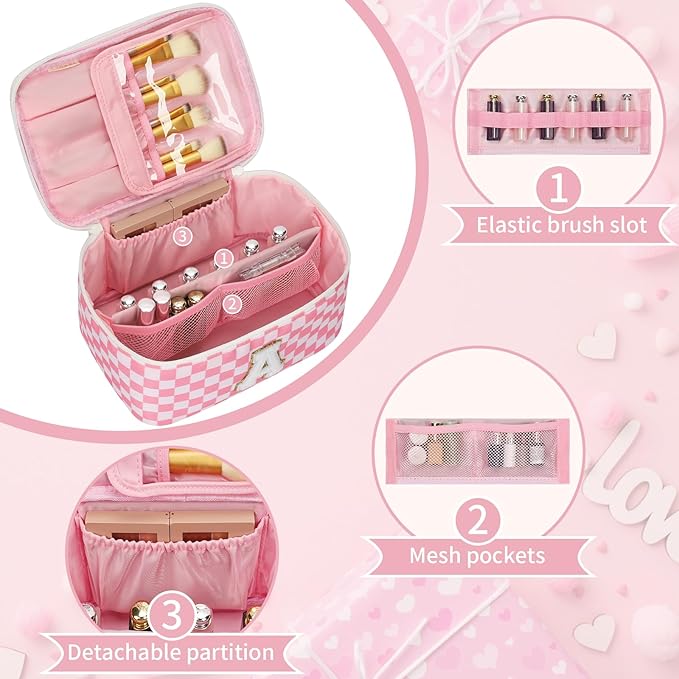 OCHEAL Makeup Bag for Women, Monogram Cosmetic Bag with Brush Holder, Pink Travel Makeup Case Beauty Toiletry Bag Organizer Personalized Gifts for Girls Teens Bridesmaid Sister Wife Friends Initial A