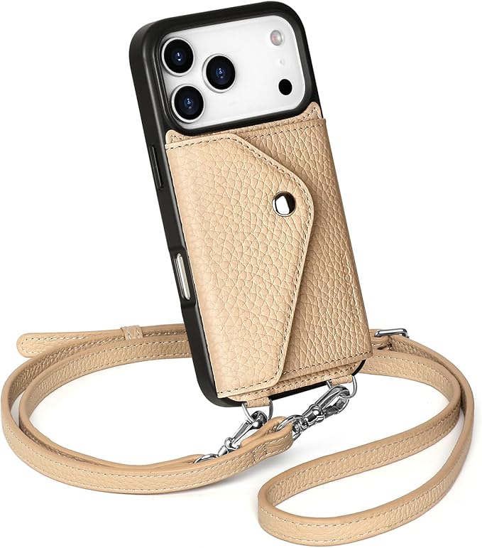 LUCKYCOIN Crossbody Wallet Phone Case for iPhone 17 Pro,100% Genuine Leather Wallet Phone Case with Expandable Flip Card Holder,Phone Purse for Women with Adjustable Removable Strap - Pebble Beige