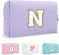 Chenille Letter Personalized Initial Preppy Makeup Bag, Small Cute Purple Cosmetic Zipper Pouch Travel Toiletry Bags, Waterproof PU Monogram Make Up Organizer Gifts for Nurse Nieces Teacher(Letter N)