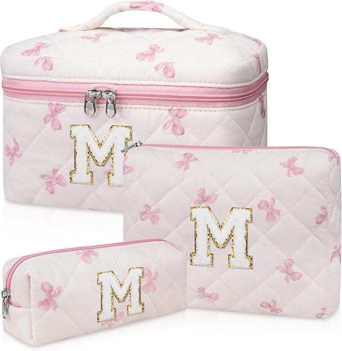 Initial Makeup Bag Set, Personalized Quilted Makeup Bag, Large Floral Cosmetic Bag for Women, Cute Cotton Custom Make up Bags, Flower Travel Toiletry Bag Teen Girl Gift Pink Butterfly M