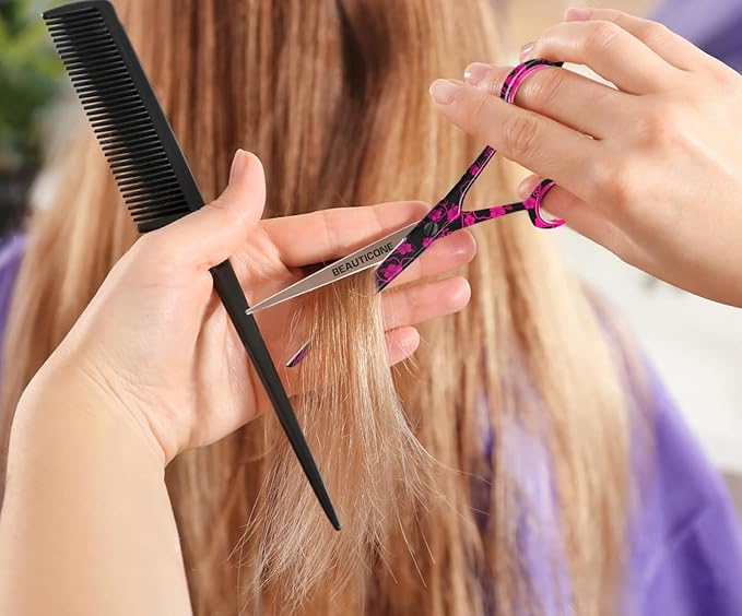 BEAUTICONE ® Hair Cutting Scissors - High Carbon SS 6.5" Professional Barber-Grade Salon Shears with Serrated & Razor Edge - Black Premium Gift Box with Leather Pouch & Extra Accs - Ultra Lightweight