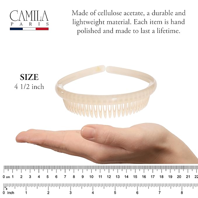 Camila Paris CP3646 French Headband for Women, Beige, Strong Hold Grip Women's Hair Band, Very Flexible, No Slip and Durable Styling Girls Hair Accessories, Made in France