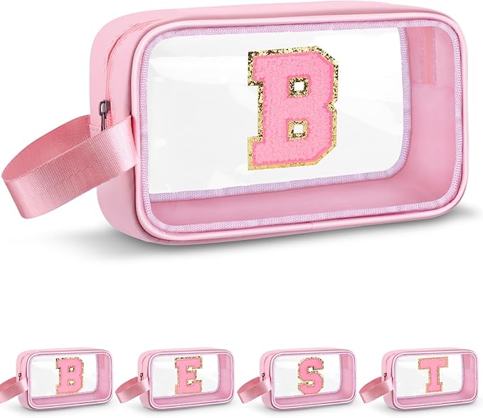 Initial Makeup Bag,Letter B Cute Clear Monogrammed Cosmetic Travel Bag for Womens Girls,Personalized Pink Aesthetic Traveling Make Up Organizer Bag for Beach,Waterproof Toiletry Bag