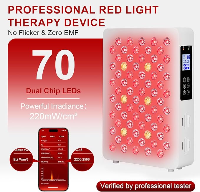Red Light Therapy Panel for Face and Body - 600nm/660nm/810nm/850nm/940nm (70 LEDs 350W) Near Infrared Redlight Device with Timer, RC, Dual Chip for Improve Sleep, Skin Health, Pain Relief (White)