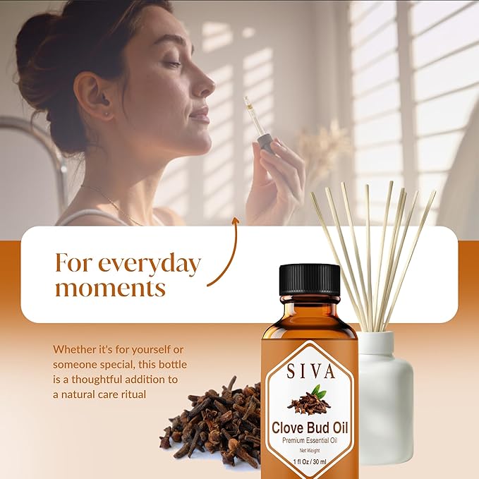 Siva Clove Bud Essential Oil - 1 Fl Oz – 100% Natural Clove Bud Oil - for Diffuser, Face, Skin Care, Aromatherapy, Hair Care, Scalp and Body Massage - with Dropper