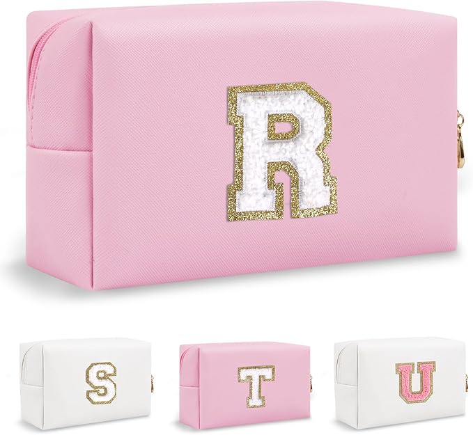 Small Travel Initial Preppy Makeup Bag, Personalized Pink Cute Cosmetic Organizer Chenille Letter Travel Toiltery Zipper Pouch, Monogram Makeup Storage Gifts for Friend Her Birthday Women(Letter R)