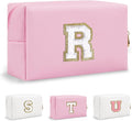 Small Travel Initial Preppy Makeup Bag, Personalized Pink Cute Cosmetic Organizer Chenille Letter Travel Toiltery Zipper Pouch, Monogram Makeup Storage Gifts for Friend Her Birthday Women(Letter R)
