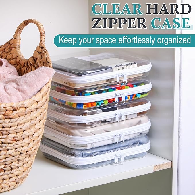 Sanwuta 6 Pcs Clear Hard Zipper Case Hard Plastic Zipper Pouches Makeup Bag Pencil Pouches Transparent Cases for Snacks Plastic Storage Organizer Box for Travel(White,9.84 x 7.87 x 2 Inch)