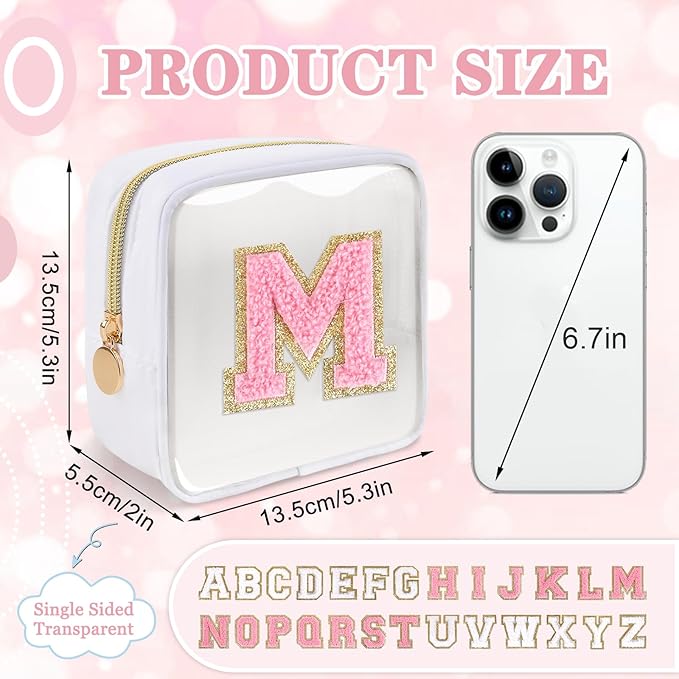 Mini Clear Personalized Initial Makeup Bag,Nylon Preppy A-Z Chenille Letter Patch Zipper Cosmetic Bag, Small Cute Beach Pouch Travel Purse Sanitary Napkin Storage Bag for Women Girls(White-Pink M)