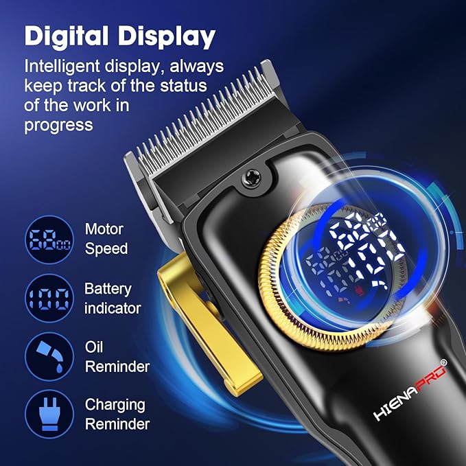 HIENA PRO Professional Hair Clippers Set for Men Cordless Barber Kit Hair Cutting Kit Rechargeable Clippers and Trimmers Set Clipper Set for Barbers with LED Display, Gifts for Men, (Black)