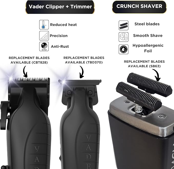 Supreme Trimmer Vader Clipper, Vader Trimmer & Crunch Foil Shaver | Professional Beard Trimmer, Men's Clippers | 3 in 1 Set, Black