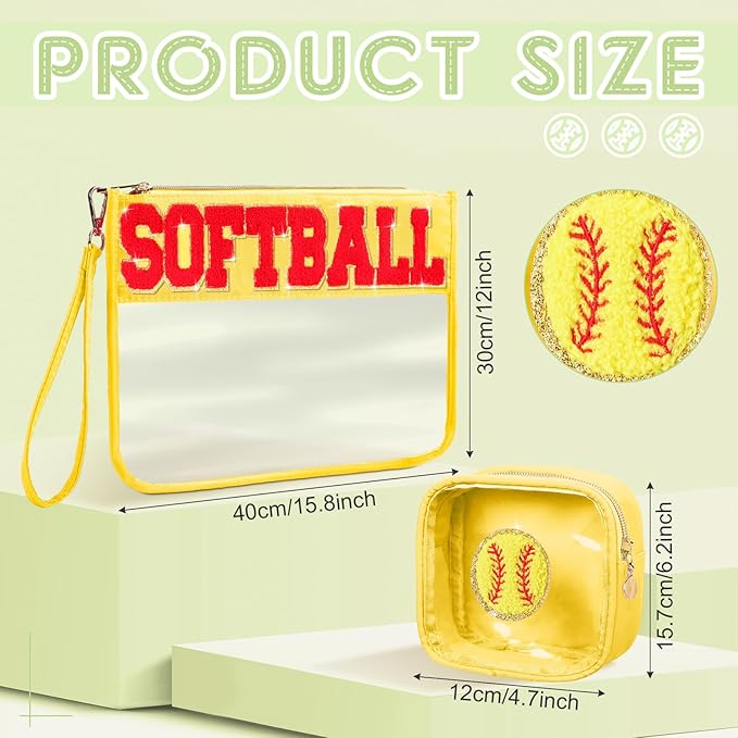 Hillban 2 Pcs Softball Gifts for Girls Snack Goodie Bags Stuff Softball Accessories for Women Makeup Cosmetic Bags Toiletry Zipper Clear Pouch Chenille Letter Travel Purse Sport Party Storage Case