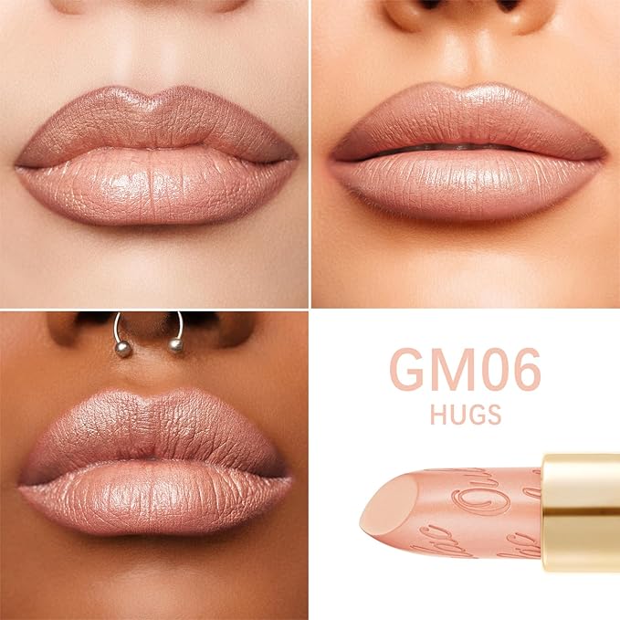 Oulac Matte Nude Peach Lipstick with Glow Metallic Finish - Vegan Lipstick for Women, Creamy Texture, Hydrating Clean Beauty Formula, High-End Magnetic Hook Design, GM06 Hugs