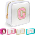 Mini Clear Personalized Initial Makeup Bag,Nylon Preppy A-Z Chenille Letter Patch Zipper Cosmetic Bag, Small Cute Beach Pouch Travel Purse Sanitary Napkin Storage Bag for Women Girls(White-Pink G)