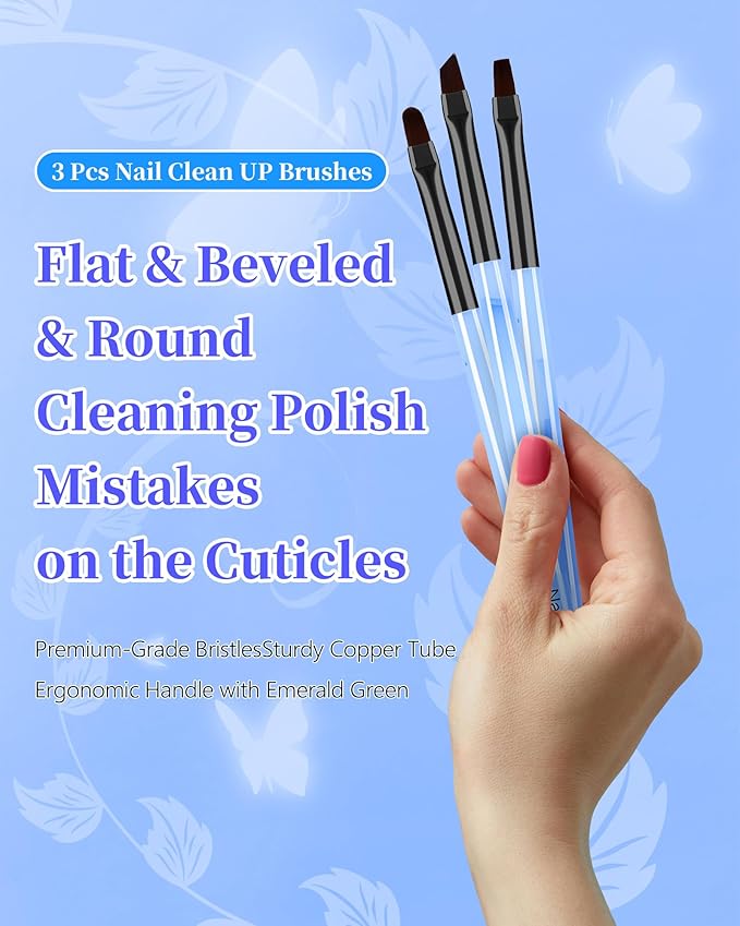 3PCS Nail Art Clean Up Brushes, Round/Angled/flat Acetone Resistant Gel Nail Polish Remover Brush, Nail Brushes for Tidying Up Polish Mishaps on Cuticles, and Nail Art Designs（Marble Blue）