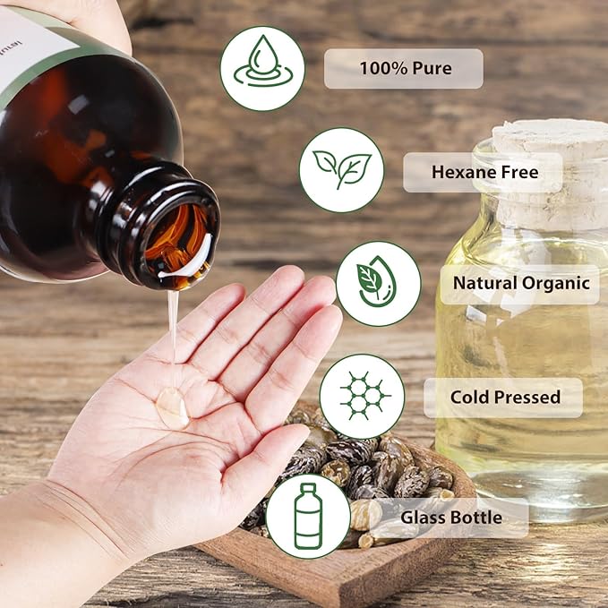 Organic Castor Oil (8oz Glass bottle) USDA Certified 100% Pure Natural, Cold Pressed, Hexane Free. Castor Oil for Hair Growth, Thicker Lashes & Fuller Brows