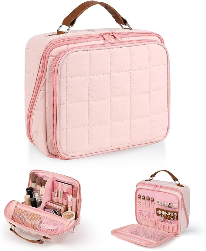MOKURA Quilted Makeup Bag, Large Capacity Cosmetic Bag with Jewelry Organizer, Portable Make up Pouch, Waterproof Travel Toiletry Case with Compartments, Gifts for Women Girls, Pink