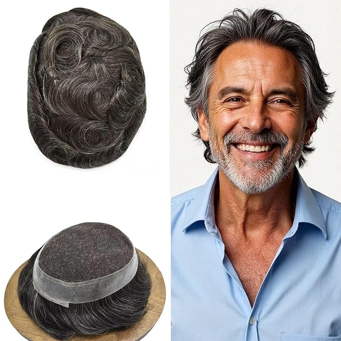 FACE MIRACLE Toupee for Men French Lace Hairpiece Human Hair Replacement System Skin PU Mens Toupee V-Looped Front Hair System 8"X10" #230 2# DARKEST BROWN WITH 30% SYNTHETIC GREY