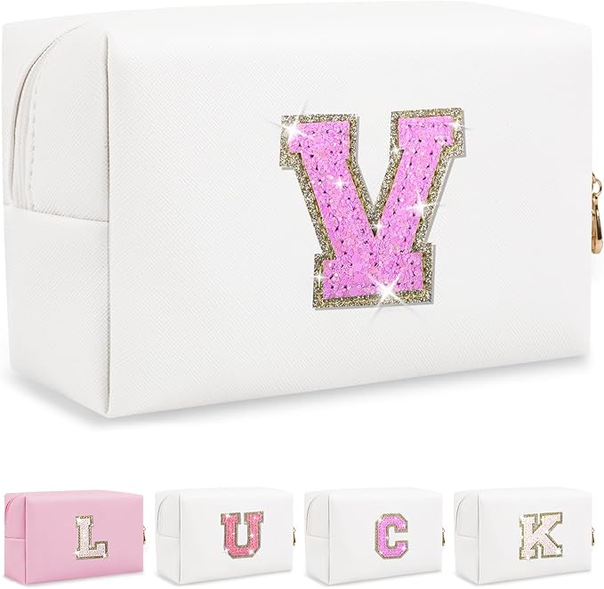 Personalized Initial Letter Patch Makeup Bag, Preppy Glitter Letter Makeup Organizer, Cute Monogrammed Pouch Cosmetic Bag PU Leather Waterproof Travel Toiletry Bag, Gift for Women Teen Girls(Letter V)