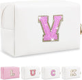 Personalized Initial Letter Patch Makeup Bag, Preppy Glitter Letter Makeup Organizer, Cute Monogrammed Pouch Cosmetic Bag PU Leather Waterproof Travel Toiletry Bag, Gift for Women Teen Girls(Letter V)