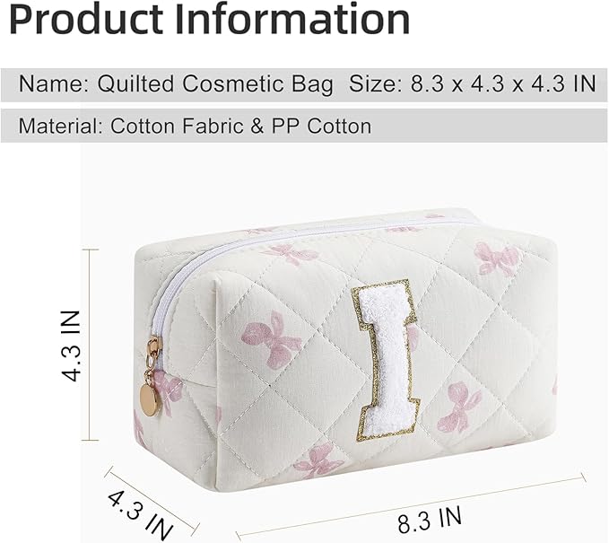 Gleyemor Personalized Initial Makeup Bag for Women, Cute Quilted Pink Floral Cotton Cosmetic Bag, Christmas Gifts for Her Mom Friend Sister Bridesmaid Teacher Women I