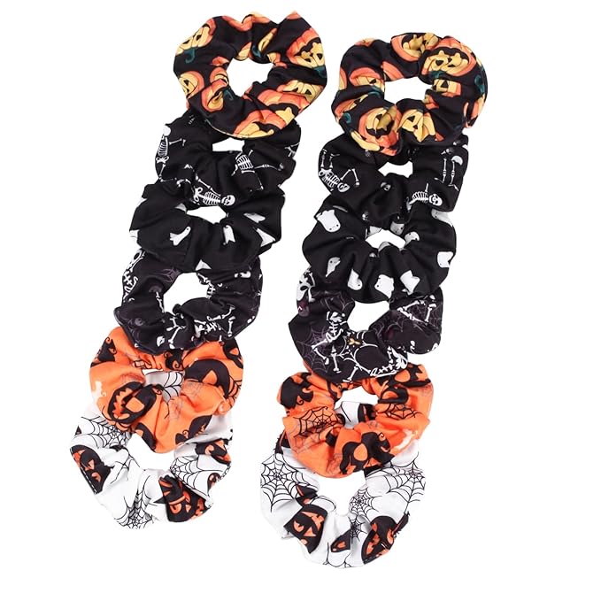 12PCS Halloween Hair Scrunchies Soft Fall Pumpkin Skull Ghosts Bat Spider Web Hair Ties Scrunchy Elastics Hair Bands Gifts Ponytail Holder Accessories for Women Girls (12PCS-Halloween)