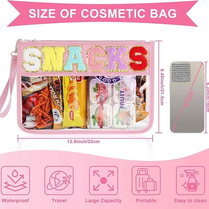 4 Piece Clear Snack Bag for Travel, Chenille Letter Zipper Pouch, Nylon Cosmetic & Makeup Bag, Waterproof Reusable Organizer for Snacks, Toiletries, School, Vacation, Glitter Patch Design
