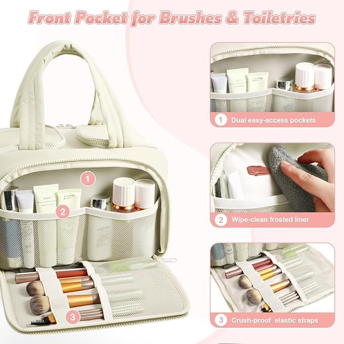 Travel Toiletry Bag:  Large Capacity, 4 Compartments, Wet/Dry Separation, Ultra-Soft Lightweight Fabric & Anti-Spill Design for Travel,Gym,Gift(11.8" L) (Off-White)