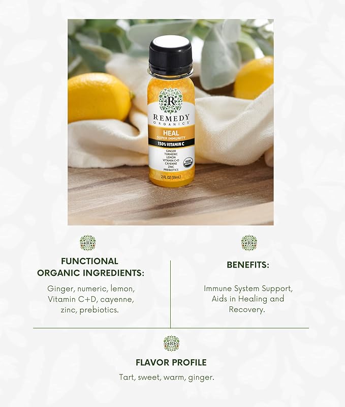 Remedy Organics Immunity Plus Shot, Heal 24-Pack | Boost Energy, Brain Function, Detoxification, and Metabolism | Certified-Organic Ingredients