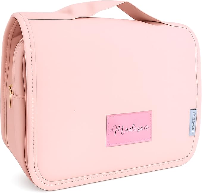 Custom Travel Toiletry Bag for Women, Personalized Vegan Leather Makeup Bag with Hanging Hook, Unique Bridesmaid Gifts, Wedding Gifts, Travel Containers, Womens gifts for Birthday