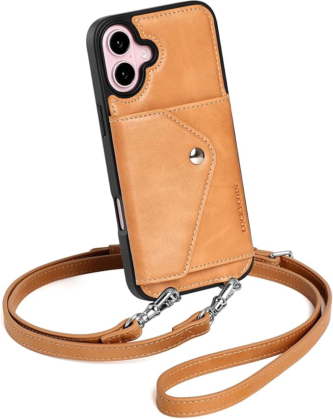 LUCKYCOIN Crossbody Wallet Phone Case for iPhone 16 Plus,100% Genuine Leather Wallet Phone Case with Expandable Flip Card Holder,Phone Purse for Women with Adjustable Removable Strap - Brown