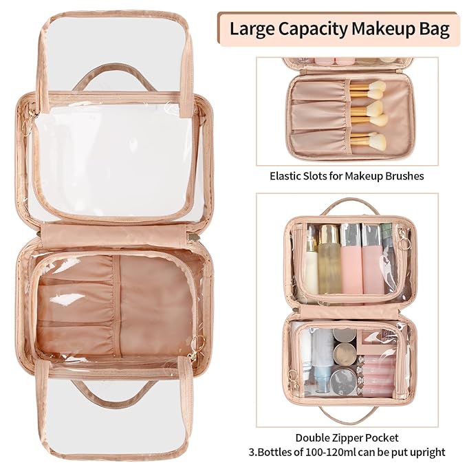 OCHEAL Clear Makeup Bag, Double Layer Cosmetic Bag, Large Capacity Minimalist Cosmetic Case for Women Travel Beauty Essentials, Multiple Compartments Makeup Case Organizer Zipper Pouch -Rose Glod