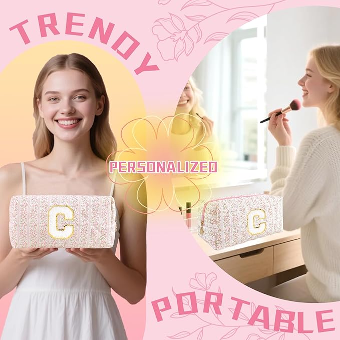 Personalized Quilted Cosmetic Bag, Puffy Monogrammed Christmas Birthday Gifts for Women & Girls, Cute initial Floral Makeup Bag Puffer Coquette Bag, Aesthetic Travel Toiletry Zipper Pouch(Pink,C)