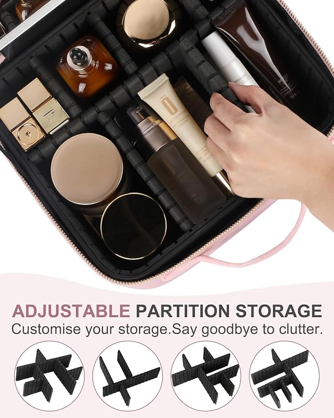 Makeup Bag with LED Lighted Mirror| Portable Makeup Organizer Train Case with 2X/3X Magnification & 3 Color Lights for Precision, Adjustable Brightness| Elegant Gift Packaging, Gift for Women, Pink