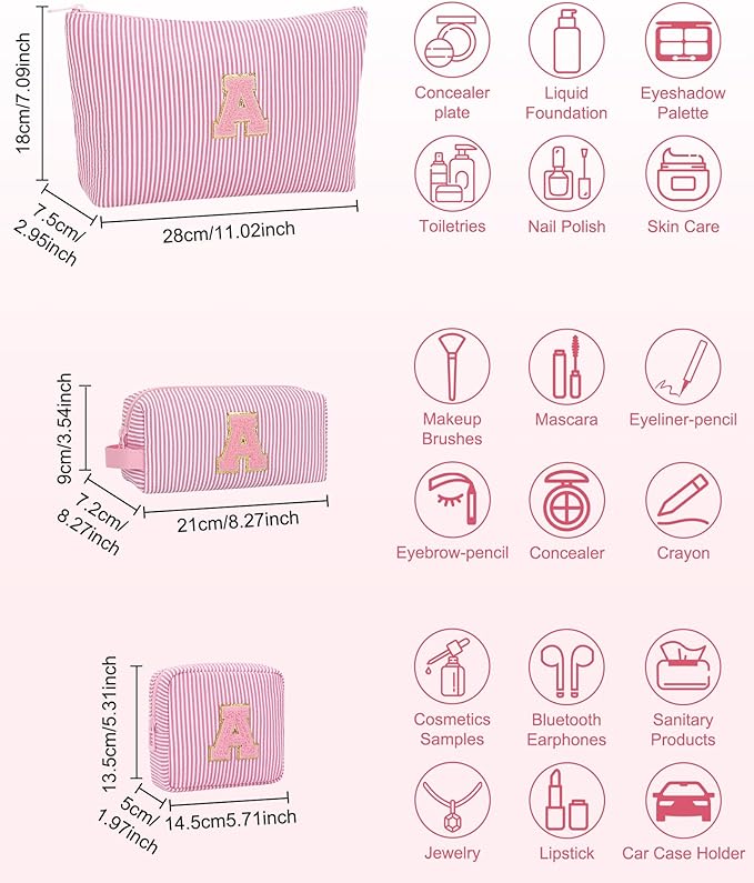 MONSTINA Personalized Initial Makeup Case and Divider for Women,Make Up Case for Girlfriend Bridesmaid Wife,Birthday Gift for Her Cute Toiletry Bag,3PCS,Pink L
