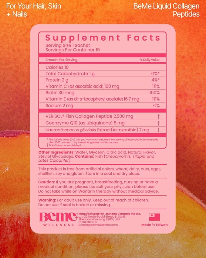 BeMe Liquid Collagen for Women - 2500mg Verisol Collagen Liquid with Biotin, CoQ10 & Vitamin C - Clinically Proven Collagen Peptides for Hair, Skin & Nails - 15 Peach Sachets