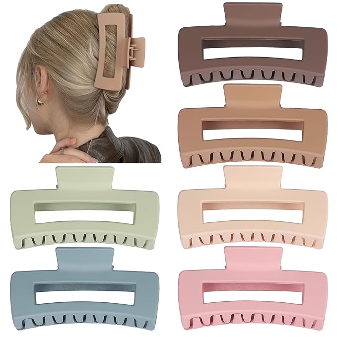 4 Inch Big Hair Claw Clips 6 Pcs Large Claw for Thick Hair Square Hair Clips for Women Rectangle Hair Clips Nonslip Acrylic Banana Jaw Clips Hair Accessories for Girls (Brown Colorful)