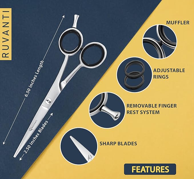 Ruvanti Hair Cutting Scissors - Professional Barber Shears For Salon & Home Use, Sharp Durable Stainless Steel Blades, Comfortable Grip Handles, Includes Case - Tijeras De Peluquería Profesional