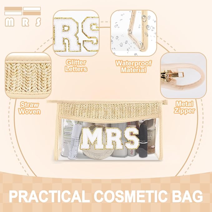 Small Boho Straw Clear Mrs Makeup Bags for Women&Girls, Zipper Cosmetic Bag Chenille Varsity Letter Patch Bag, Preppy Cute Toiletry Pouch, Trendy Organizer Storage Bag for Beach Travel Essentials
