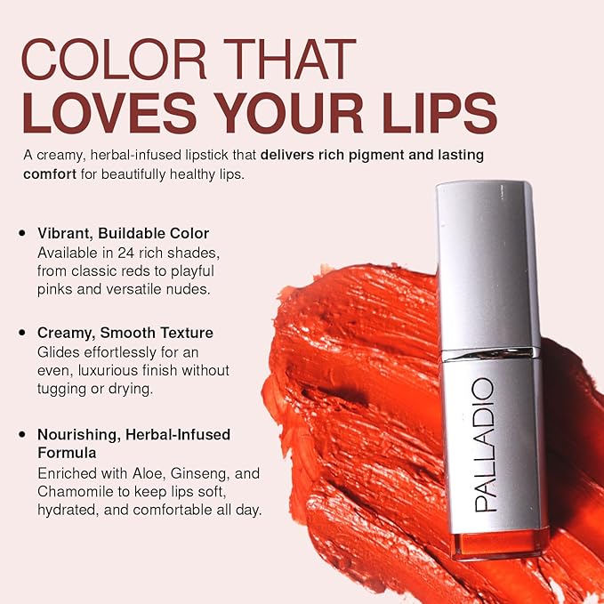 Palladio Herbal Lipstick, Rich Pigmented and Creamy, Infused with Aloe Vera, Chamomile & Ginseng, Prevents Lips from Drying, Combats Fine Lines, Long Lasting Lipstick, Angelica