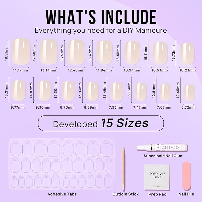 BTArtbox Press On Nails Short - Square Press On Nail, Brown Chrome Nail Tip Glue On Nails with Nail Glue, Reusable Stick On Nails in 15 Sizes - 30 Soft Gel Fake Nails Kit, Cream Soda