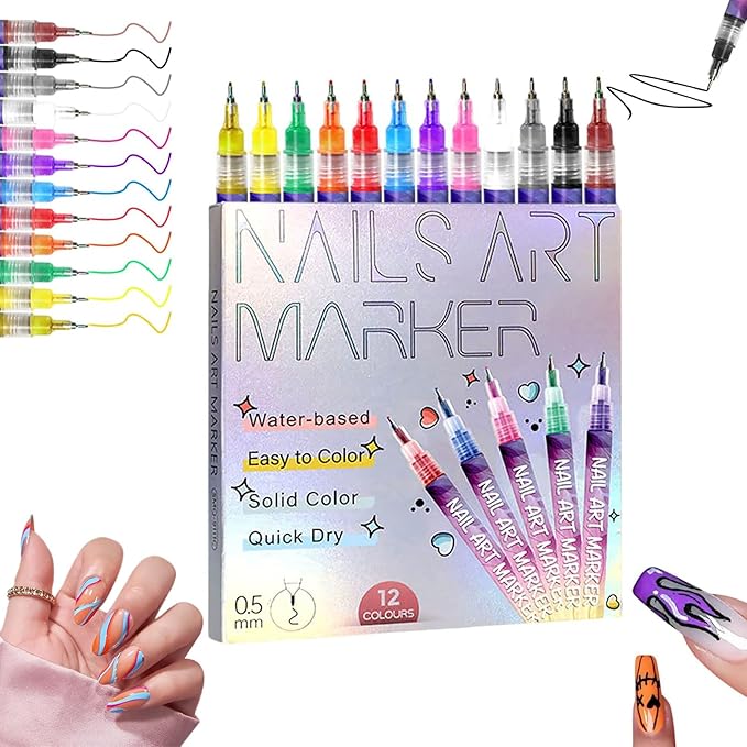 12 Color Nail Art Pens for Painting Nails, 2026 New Nail Art Markers for Gel Nails, DIY Nail Art Marker Drawing Painting Liner Pen for Home Salon Quickly Dry Nail Art (1 Pack)