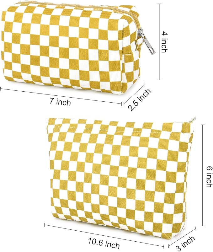 SOIDRAM 2 Pcs Checkered Makeup Bag Large Cosmetic Bag Toiletry Bag Makeup Pouch Travel Bag Organizer Cute Makeup Brushes Aesthetic Accessories Storage Bag for Women Golden Yellow