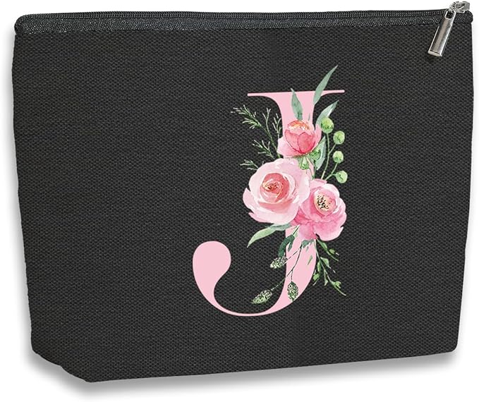A-Z Personalized Cosmetic Bag Monogrammed Makeup Bags Bridesmaid Gifts Custom Toiletry Pouch Gifts for Women Mom Best Friend Sister Bride Bridesmaid (J)