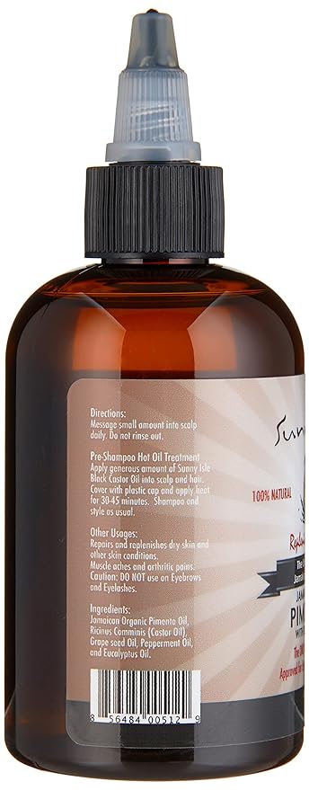 Sunny Isle Jamaican Organic Pimento Oil with Black Castor Oil 4oz | Formulated to Nourish the Scalp, Condition and Strengthen Hair | Traditional Body Rub for Muscle Pain