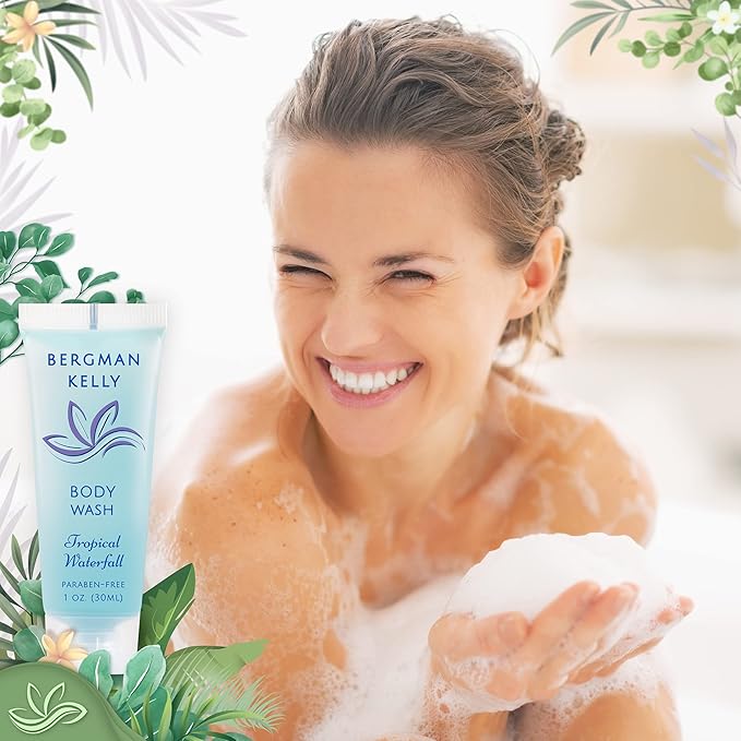 BERGMAN KELLY Travel Size Body Wash (1 fl oz, 200 PK, Tropical Waterfall), Delight Your Guests with an Invigorating and Refreshing Hotel Body Wash, Mini and Small Size Guest Hotel Toiletries in Bulk