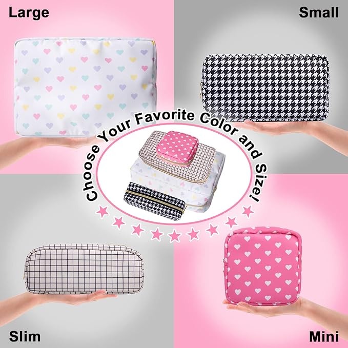 Nylon Slim Makeup Bag, Cute Makeup Brush Bag Checkered Makeup Bag Preppy Cosmetic Zipper Pouch for Purse, Travel Toiletry Bag Coin Pouch Make Up Organizer for Women Men Girls