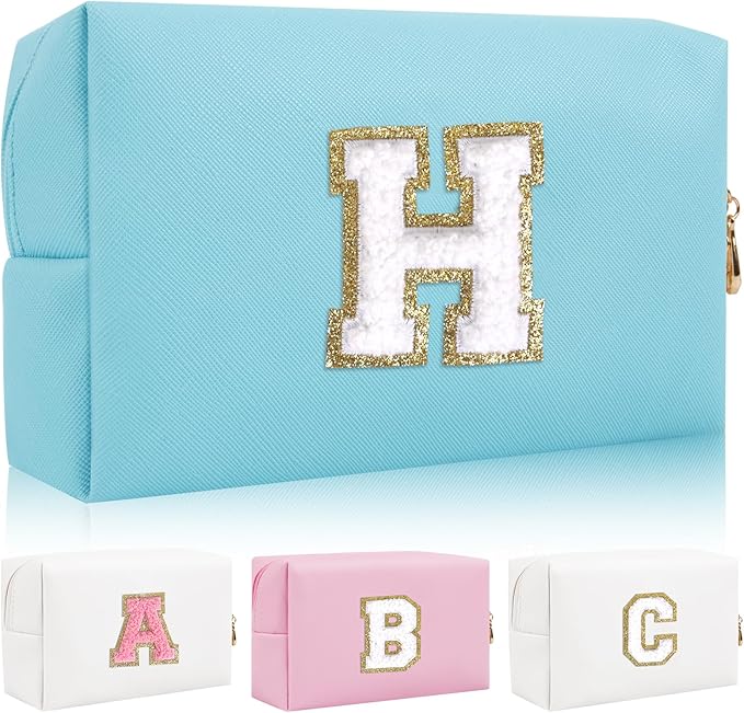 Personalized Initial Letter Patch Makeup Bag, Preppy Portable Chenille Letter Cosmetic Bag with Zipper, PU Leather Waterproof Travel Toiletry Bag Monogram Make Up Pouch for Women Girls